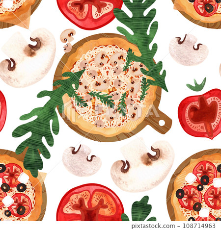 Seamless pizza pattern with mushrooms, tomatoes, olives and arugula. Watercolor illustration for menus, recipes, kitchen textiles, design of cafes, restaurants and pizzerias, as well as pizza boxes Seamless pizza pattern with mushrooms, tomatoes, olives and arugula. Watercolor illustration for menus, recipes, kitchen textiles, design of cafes, restaurants and pizzerias, as well as pizza boxes 108714963