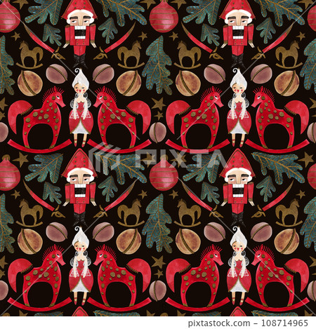 Nutcracker and nuts. Seamless watercolor pattern for New Year and Christmas wrapping paper. Vintage style gifts for children under the Christmas tree. 108714965