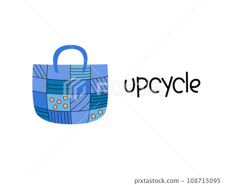 Upcycled jeans bag. Handmade stuff. Upcycling concept vector illustration. Sustainable living Upcycled jeans bag. Handmade stuff. Upcycling concept vector illustration. Sustainable living 108715095