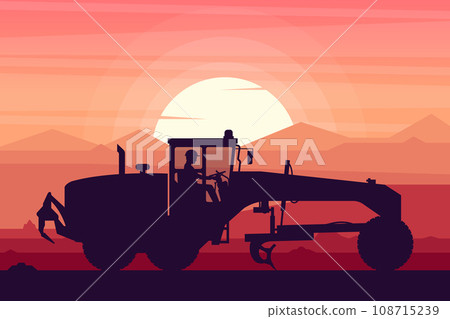 operator working with heavy motor grader machinery on sunset background operator working with heavy motor grader machinery on sunset background 108715239
