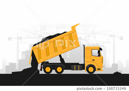 Heavy machinery background with trucks unloading materials for construction work Heavy machinery background with trucks unloading materials for construction work 108715249