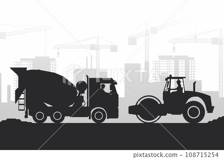 heavy machinery silhouette background with concrete mixer truck and soil compactor in a city under construction 108715254