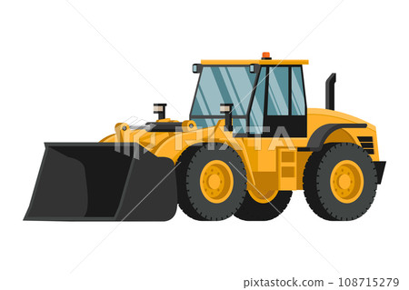 Yellow heavy machinery with front loader in 3D on white background. 108715279