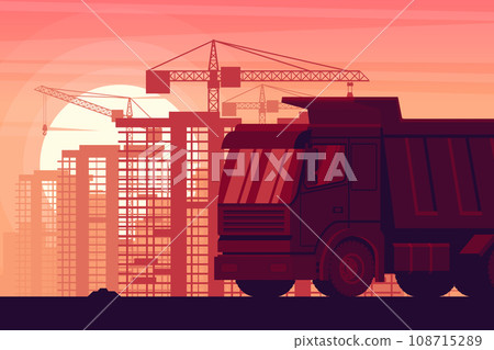 background with sunset and heavy machinery with dump truck over city and buildings under construction 108715289
