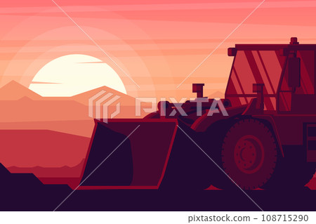 front loader in a sunset with heavy construction and mining machinery 108715290