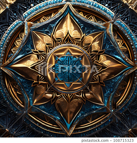 A blue and gold sacred geometry mandala. 108715323