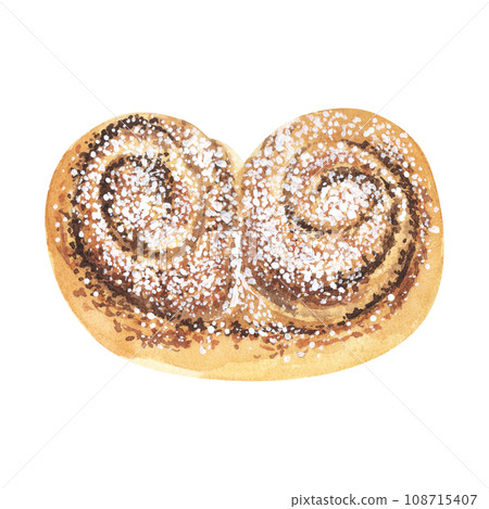 bun, rolls with powdered sugar. watercolor hand drawn illustration isolated on white . For logo, bakery, design, menus, flyers 108715407
