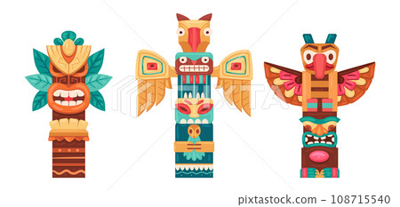 Cartoon ritual wooden statues. Ethnic tiki totems, hawaiian and african traditional sculptures, Native african or indian figures flat vector illustration set. Aboriginal pole totems 108715540