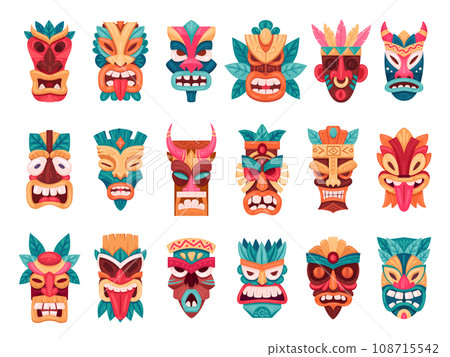 Cartoon tribal masks. Ritual african and hawaiian wooden ceremonial masks, ethnic tiki totems flat vector illustration set. Ceremonial aztec or african idols 108715542