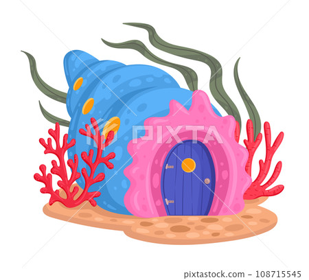 Seashell fairy tale house. Cartoon fantasy fairy tale sea shell, underwater cabin flat vector illustration. Magic world cute house 108715545