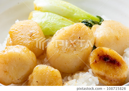 Close-up of scallop rice bowl (with bok choy). 108715826