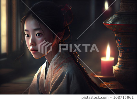 A Korean girl sitting down in a Korean temple A Korean girl sitting down in a Korean temple 108715961
