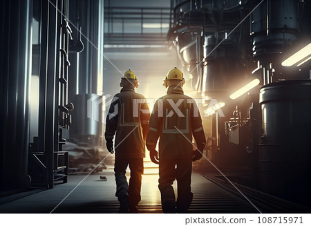 two engineers walk through a heavy industry factory two engineers walk through a heavy industry factory 108715971