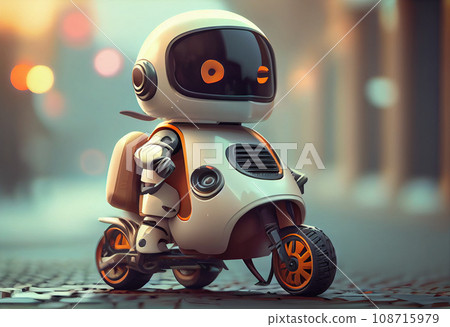 Cute smart robot driving an electric scooter Cute smart robot driving an electric scooter 108715979