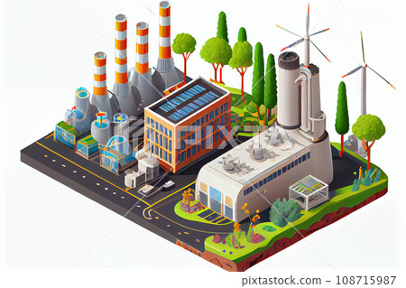 Geothermal power station of clean electrical energy with chimneys industrial buildings and power line supports isometric concept Geothermal power station of clean electrical energy with chimneys industrial buildings and power line supports isometric concept 108715987