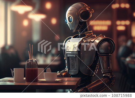 3d illustration robotic technology as waiter in modern restaurant. 3d illustration robotic technology as waiter in modern restaurant. 108715988