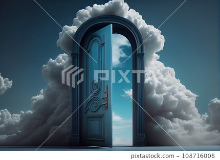 New life door to heaven, conceptual image. Leaving all problems behind, walking into a new life, retirement or withdrawal concept. 108716008