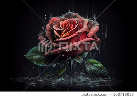Beautiful red rose in raindrops isolated on black background. Contains clipping path Beautiful red rose in raindrops isolated on black background. Contains clipping path 108716036