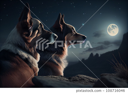 two dogs looking at the moon two dogs looking at the moon 108716046