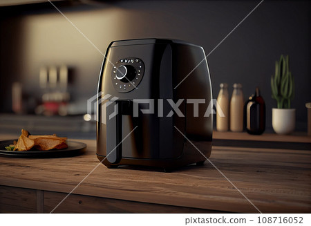 A black fryer or oil-free fryer, an air fryer, and a dish on the table in a beautifully designed modern breakfast kitchen A black fryer or oil-free fryer, an air fryer, and a dish on the table in a beautifully designed modern breakfast kitchen 108716052