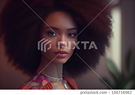 Beauty portrait of african american woman with clean healthy skin on beige background. Smiling dreamy beautiful afro girl.Curly black hair 108716062