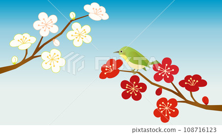 Illustration of a small bird perched on a white plum tree that can be used for New Year's, etc. Aspect ratio 16:9 version 108716123