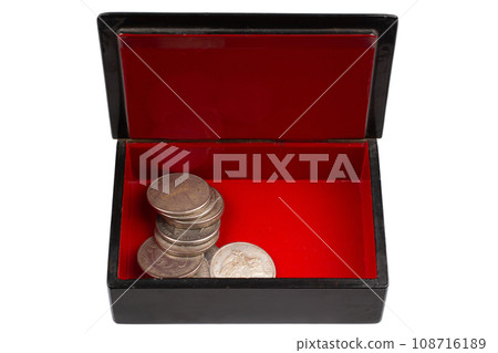 vintage old black and red casket with silver dollar coins vintage old black and red casket with silver dollar coins 108716189