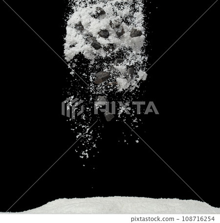 Rock stone construction object under snow on roof. Dangerous rock stone object hidden in snow. Snow fall with risk accident hazard cover trash garbage debris. Black background isolated Rock stone construction object under snow on roof. Dangerous rock stone object hidden in snow. Snow fall with risk accident hazard cover trash garbage debris. Black background isolated 108716254