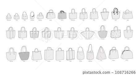 Set of Tote Bags silhouette. Fashion accessory technical illustration. Vector satchel front 3-4 view for Men, women, 108716266