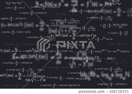 Equations and formulas of logarithms, derivatives, trigonometric, logarithmic, hyperbolic and inverse on black background Equations and formulas of logarithms, derivatives, trigonometric, logarithmic, hyperbolic and inverse on black background 108716351