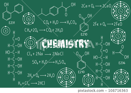 Exercise notes, chemical formulas and equations, organic chemistry, chemical reactions, structural formula, atoms of chemical elements, with green chalkboard background 108716363