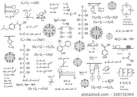 Calculus equations, algebra, organic chemistry, chemical reactions, chemical elements, physics, rectilinear motion, statics, electromagnetism, friction force, energy, with white background 108716364