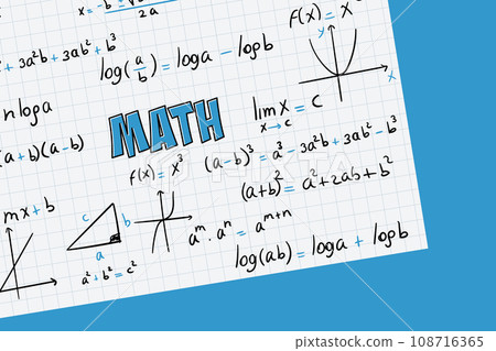 Math exercises, formulas and equations for calculus, algebra with grid sheet and blue background Math exercises, formulas and equations for calculus, algebra with grid sheet and blue background 108716365