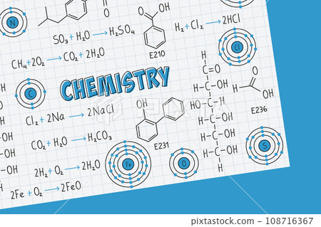 Exercise notes, chemistry formulas and equations, organic chemistry, chemical reactions, structural formula, atoms of chemical elements, with grid sheet Exercise notes, chemistry formulas and equations, organic chemistry, chemical reactions, structural formula, atoms of chemical elements, with grid sheet 108716367