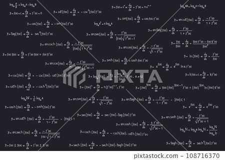 Equations and formulas of logarithms, derivatives, trigonometric, logarithmic, hyperbolic and inverse on a black chalkboard background Equations and formulas of logarithms, derivatives, trigonometric, logarithmic, hyperbolic and inverse on a black chalkboard background 108716370