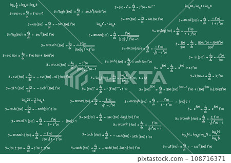 Equations and formulas of logarithms, derivatives, trigonometric, logarithmic, hyperbolic and inverse on green chalkboard background Equations and formulas of logarithms, derivatives, trigonometric, logarithmic, hyperbolic and inverse on green chalkboard background 108716371