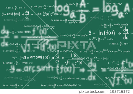 Equations and formulas of logarithms, derivatives, trigonometric, logarithmic, hyperbolic and inverse on green background 108716372