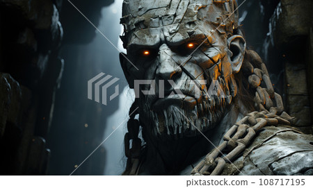 Whispering Shadows: The Stone Warrior's Gaze Emerges from the Abyss. AI generation 108717195