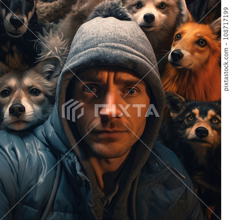 Man in Hoodie Shares a Moment Surrounded by Curious Canine Companions. AI generation Man in Hoodie Shares a Moment Surrounded by Curious Canine Companions. AI generation 108717199