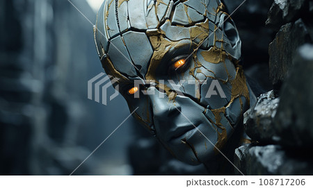 Glimmering Gaze: The Cracked Visage of an Ancient Sentinel Emerges. AI generation 108717206