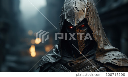 Enigmatic Guardian Shrouded in Darkness Stands Vigil in a Dystopian Realm. AI generation 108717208