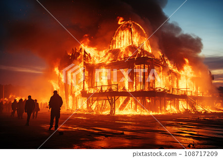 Majestic Edifice Consumed by Nighttime Inferno, Onlookers in Silhouette. AI generation 108717209