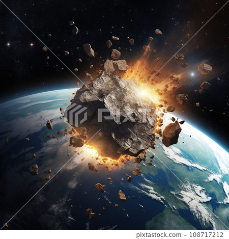 Gargantuan Asteroid Erupts in a Fiery Spectacle Above Earth's Atmosphere. AI generation Gargantuan Asteroid Erupts in a Fiery Spectacle Above Earth's Atmosphere. AI generation 108717212