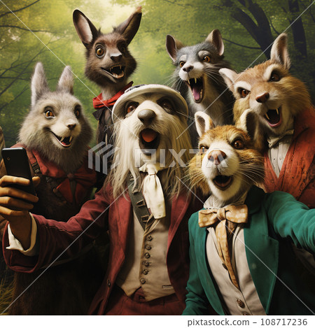 Enthusiastic Animal Friends Sharing a Selfie Moment in the Forest. AI generation 108717236