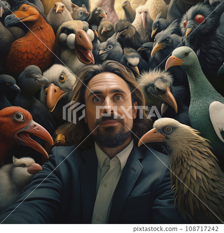 Man Takes Selfie with an Assembly of Birds from Around the World. AI generation 108717242