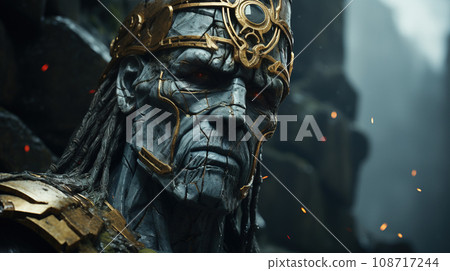 An imposing stone figure adorned with a regal golden crown gazes out with glowing red eyes, embodying the grandeur of ancient myths. AI generation An imposing stone figure adorned with a regal golden crown gazes out with glowing red eyes, embodying the grandeur of ancient myths. AI generation 108717244