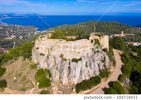 View from drone of remains of medieval castle of Begur, Catalonia, Spain View from drone of remains of medieval castle of Begur, Catalonia, Spain 108718031