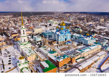 Winter aerial view of Nativity of Our Lady Monastery in Zadonsk, Russia 108718083