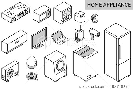 新生活所需的家電插圖，簡單等距，單色 108718251