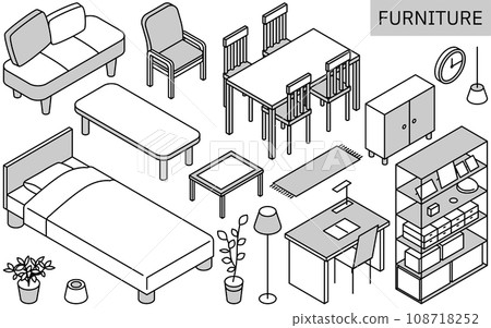 Illustration of furniture necessary for new life, simple isometric, monochrome 108718252